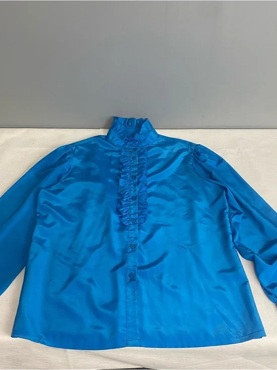 Vtg Jessica West Blouse Tuxedo Ruffle Button Down Blue Blouse Sz 16 Fairycore - Picture 5 of 16